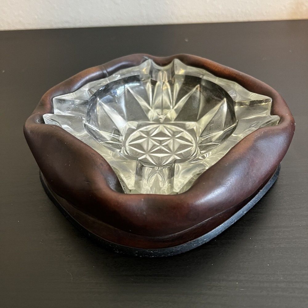 Adnet Style Rouched Leather and Glass Ashtray MCM Bent Leather Cut‎ Crystal
